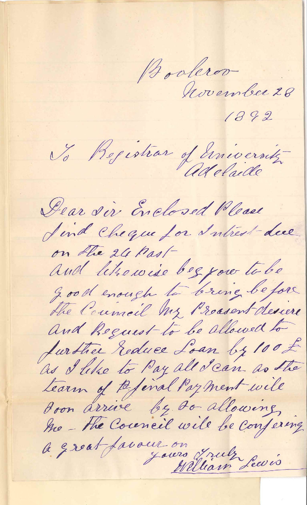 William Lewis - Booleroo - Payment of Interest and Wishes to Pay &pound;100 off Capital