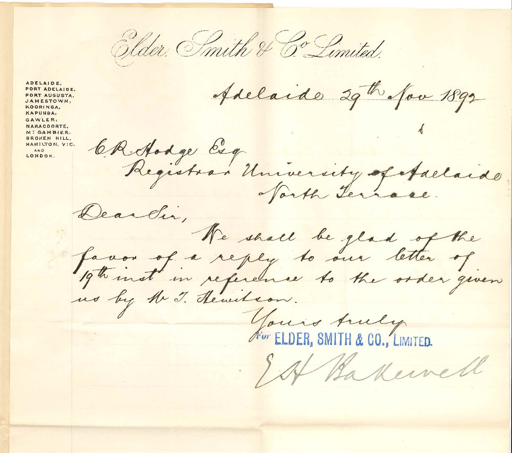 Elder Smith and Co - Adelaide - Requesting Reply to Letter of 19th Instant