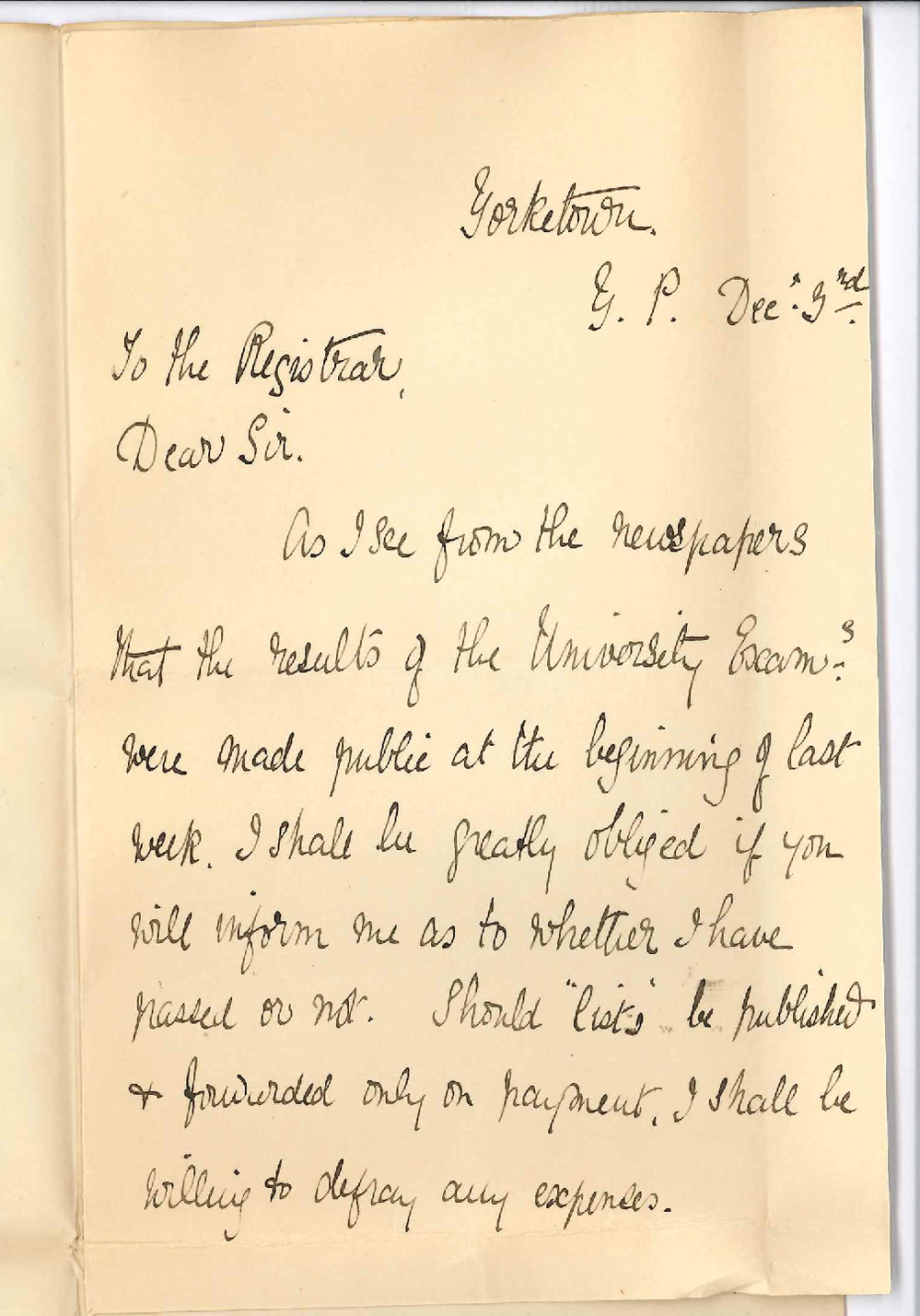 Miss Ethel M Nall - Yorketown Yorkes Peninsula - Wishes to Know Result of Recent Examination