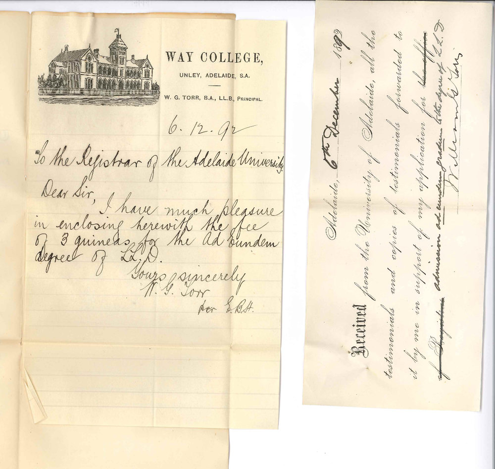 William George Torr - Way College - Unley - Receipt of Documents LLD Degree and Forwarding Fee