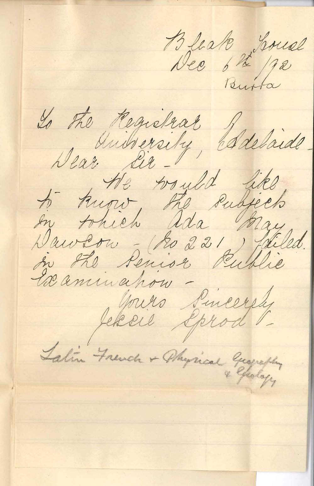 Miss Jessie Sprod - Bleak House Burra - Subjects 221 Failed in Senior Public November 1892