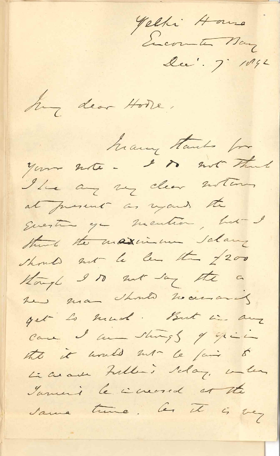 Professor Edward Henry Rennie - Yelki House Encounter Bay - Increase of Salary to Assistant etc