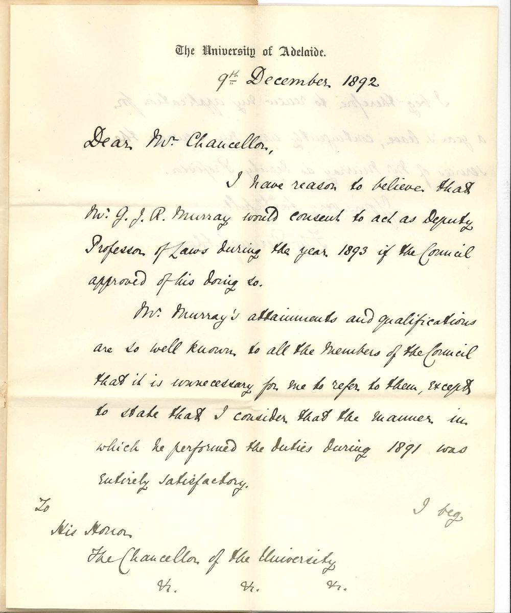 Professor Frederick William Pennefather - The University - Suggests Mr G J R Murray as Deputy Professor for 1893