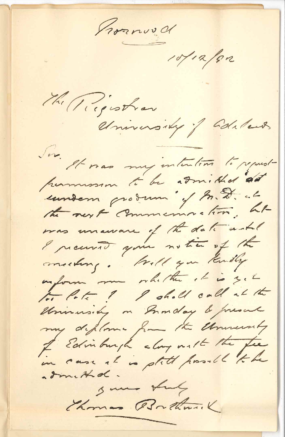 Thomas Borthwick - Norwood - Admission Ad Eundem Gradum to the Degree of MD