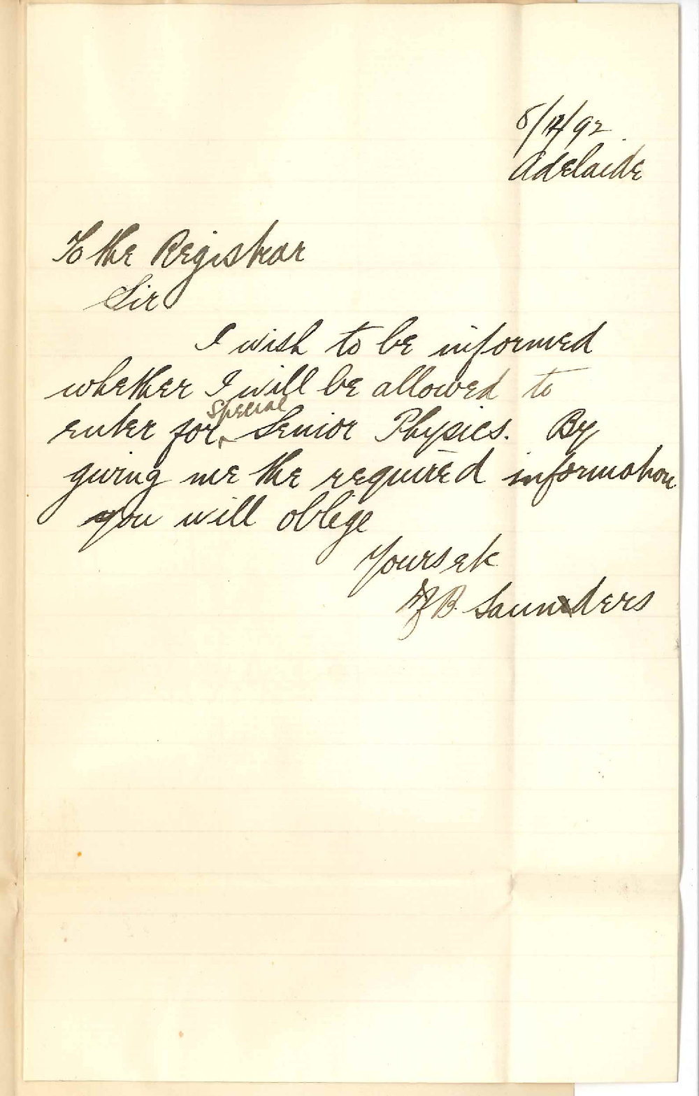 Moses Brandon Saunders - Adelaide - Regarding Entrance for Special Senior Public Examination in Physics 1893