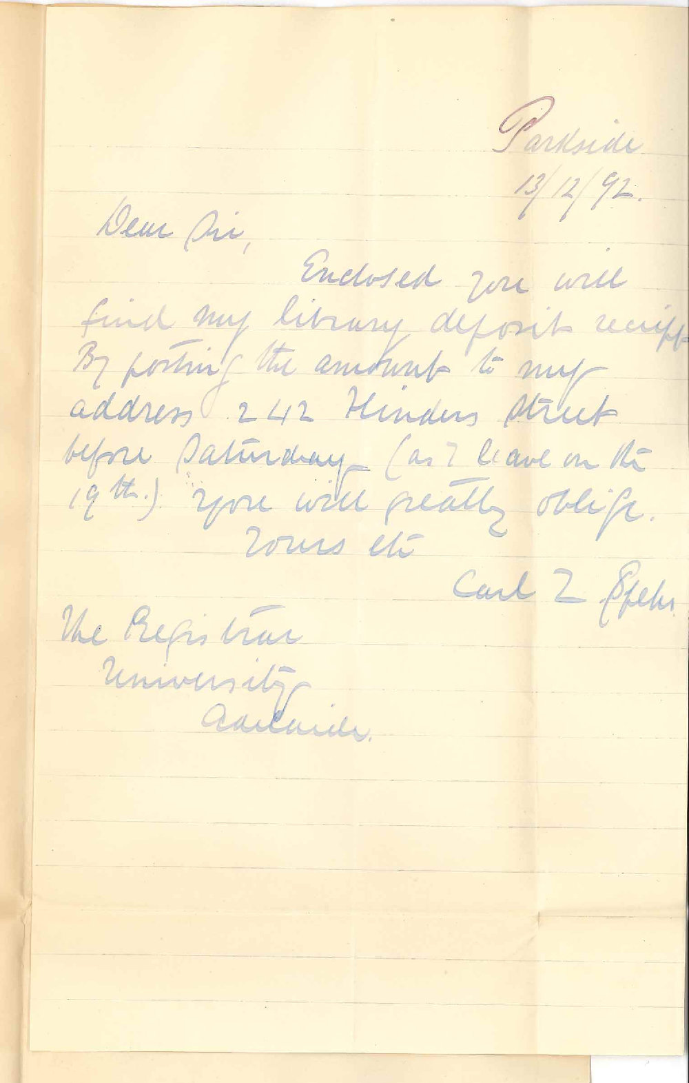 Carl Louis Spehr - Parkside - Requests Library Deposit