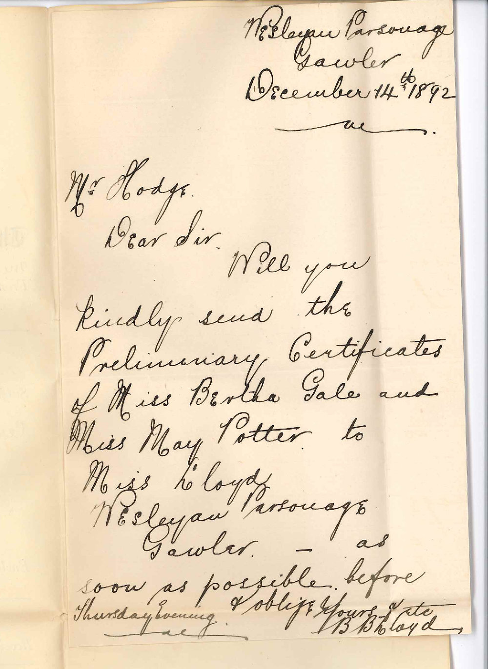 Miss B B Lloyd - Wesleyan Parsonage - Gawler - Requests Preliminary Certificates