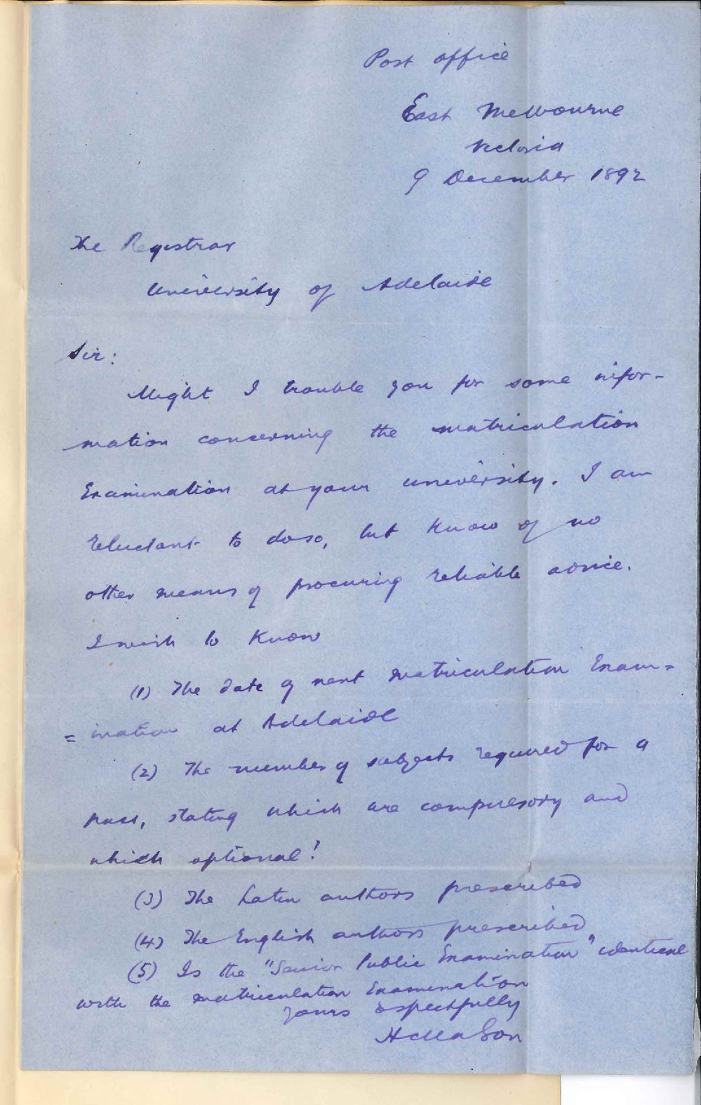H Mason - Post Office - East Melbourne Victoria - Information Senior Public Examination