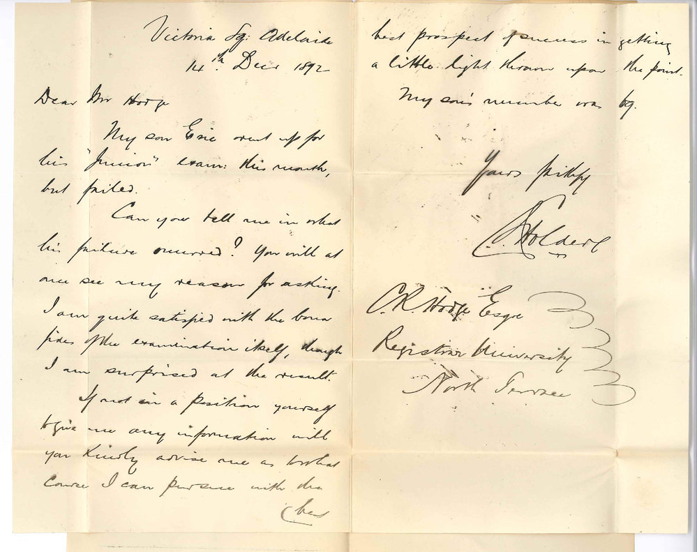 C J Holder - Victoria Square Adelaide - Information Regarding Son's Eric Holder Failure Junior Public Exam November 1892