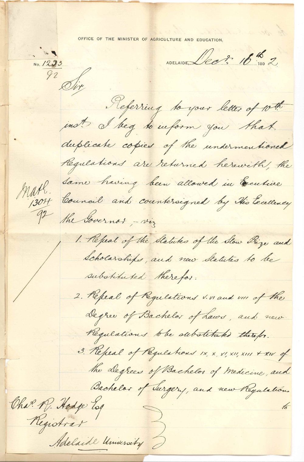 James Bath - Secretary - Office of Minister of Agriculture and Education - Adelaide - General Post Office - Allowance of Regulations