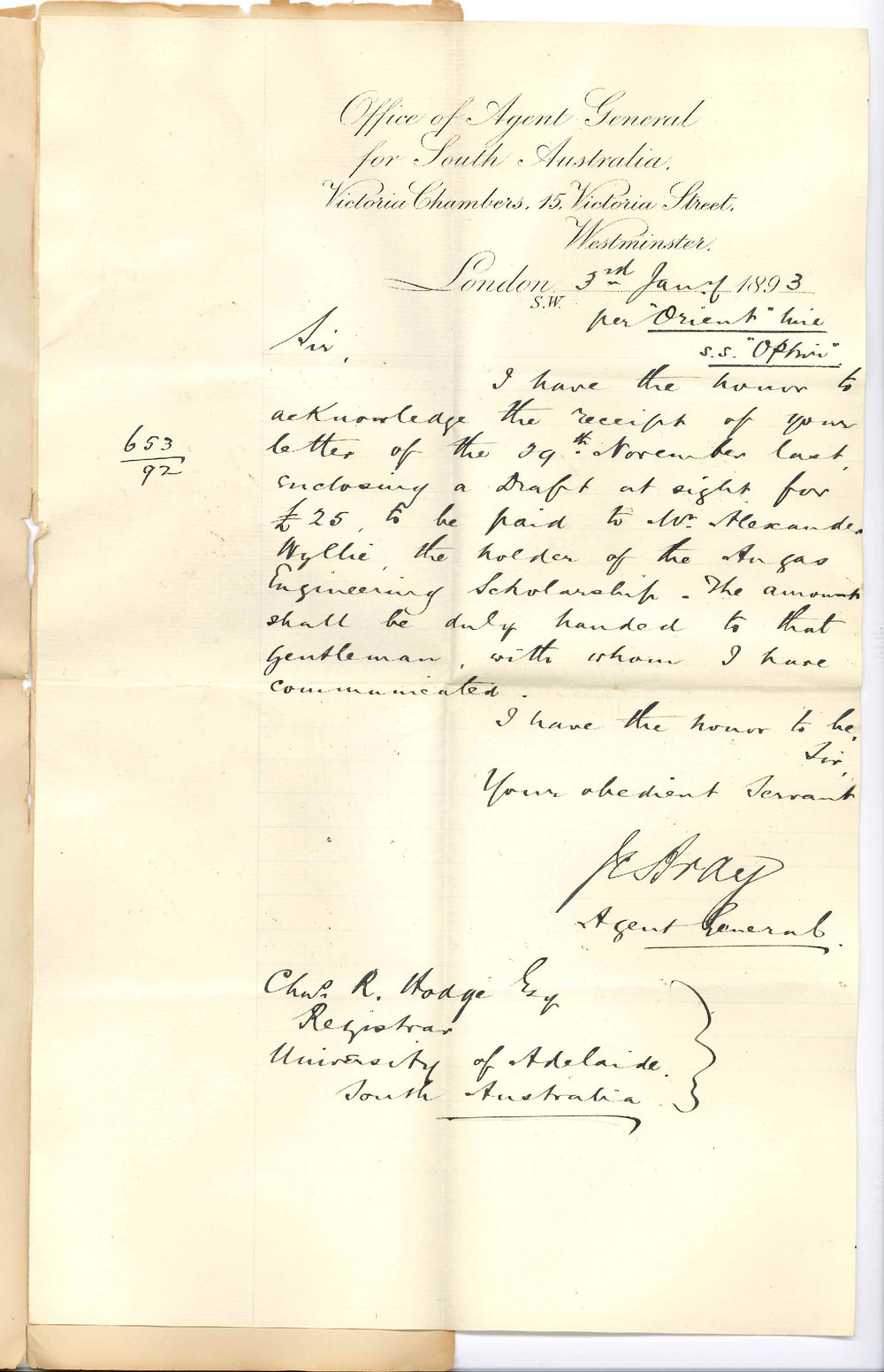 John Cox Bray - Office of the Agent General for South Australia - London - Receipt of Draft for &pound; 25 for Angas Scholar