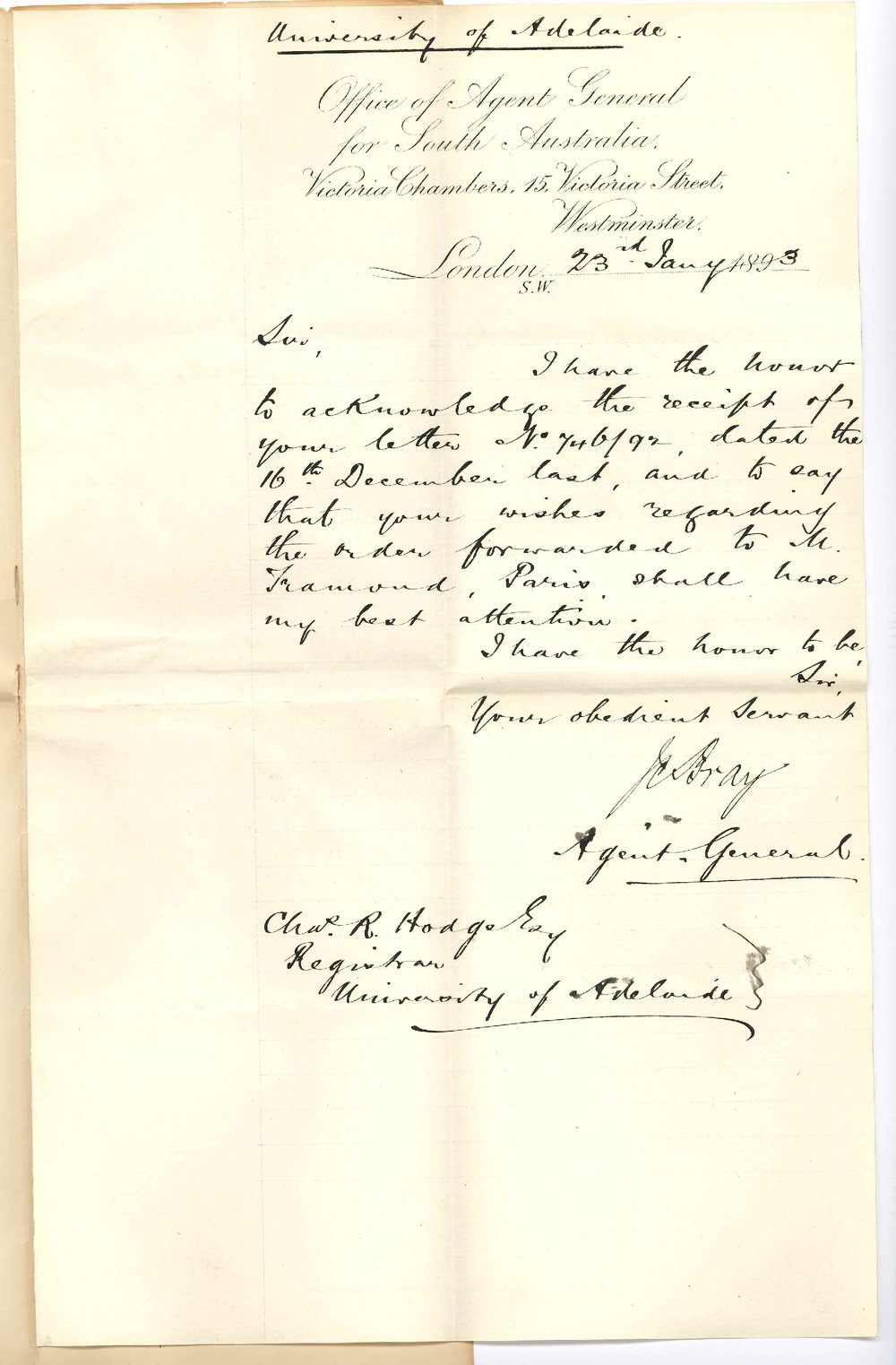 John Cox Bray - The Agent General for South Australia - London - Receipt of Letter Regarding Order Sent to Mr Tramond