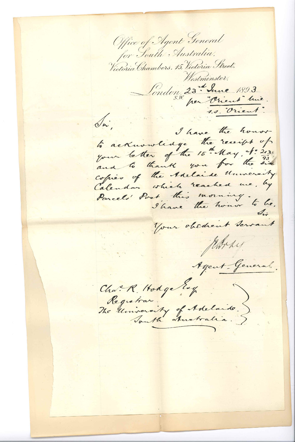 John Cox Bray - Office of the Agent General for South Australia - London - Acknowledging Receipt of Calendars