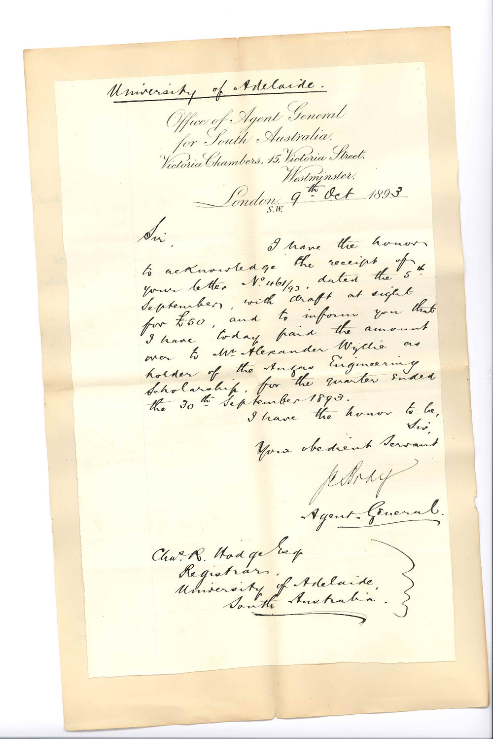 John Cox Bray - Office of the Agent General for South Australia - London - Statement of Accounts for the Current Year 1893