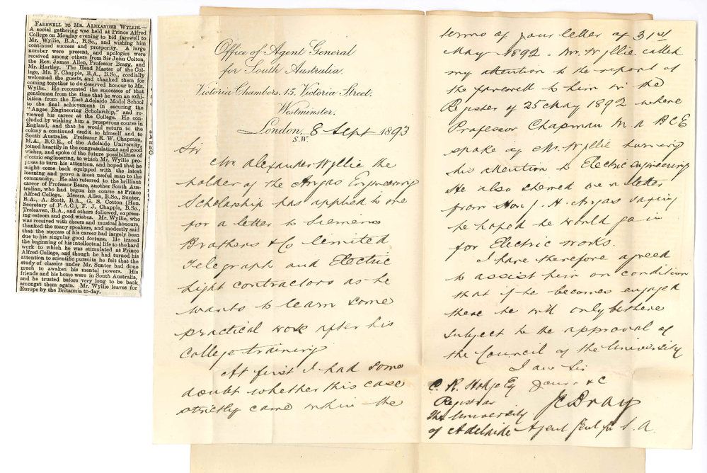 John Cox Bray - Office of the Agent General for South Australia - London - Regarding Angas Scholar