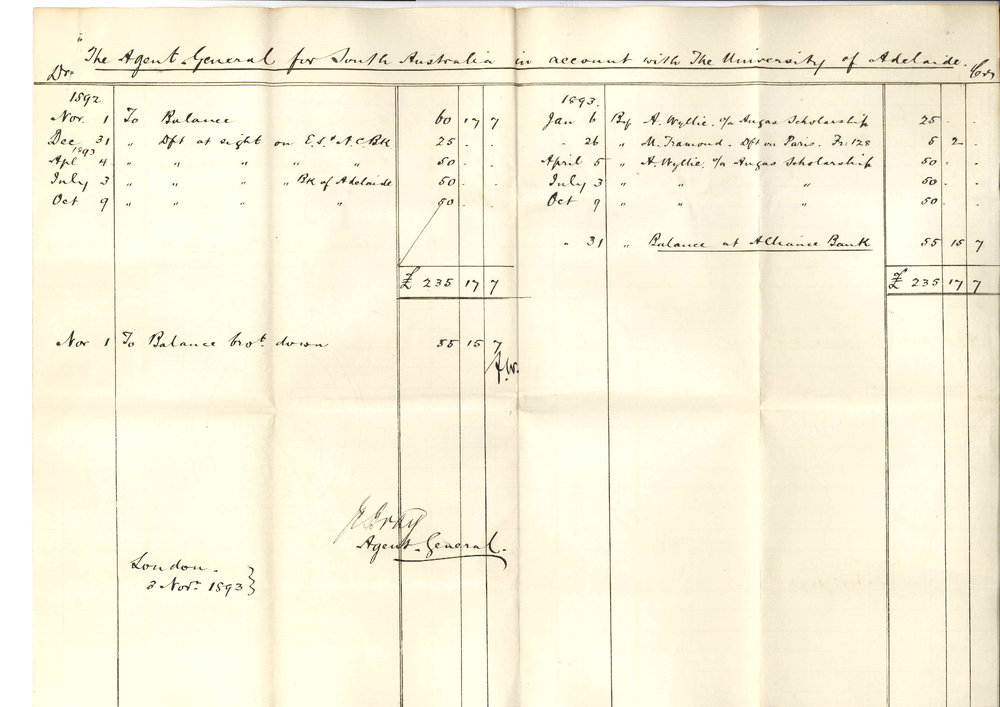 John Cox Bray - Office of the Agent General for South Australia - London - Acknowledging Receipt of Draft at Sight for &pound;50 for Angas Scholar