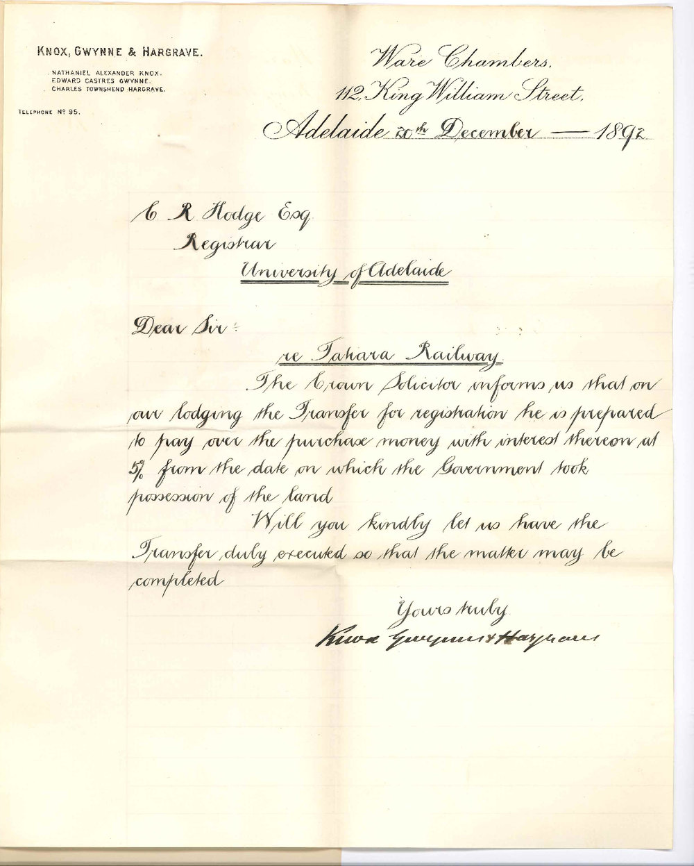 Knox Gwynne and Hargrave - King William Street Adelaide - Requests Transfer Regarding Tatiara Railway etc