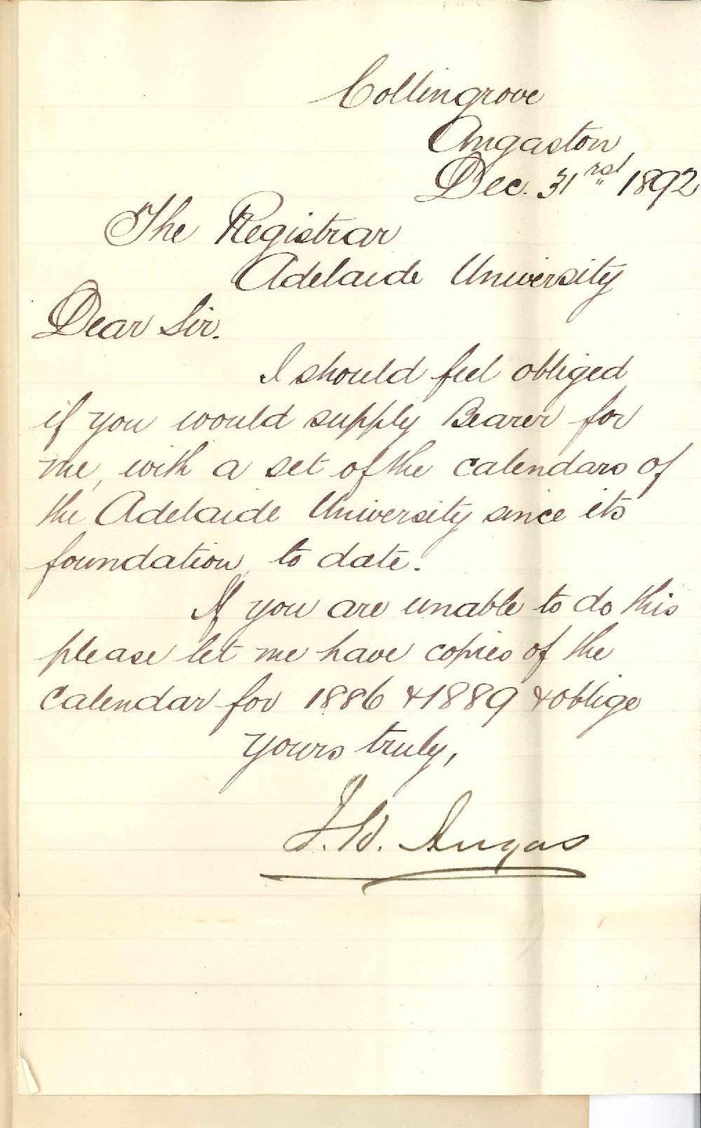 John Howard Angas - Collingrove Angaston - Requests Set of University Calendars