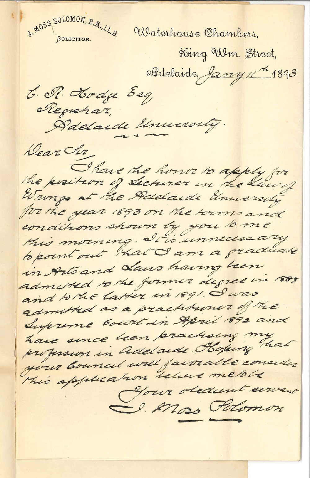 Judah Moss Solomon - Waterhouse Chambers - King William Street Adelaide - Application as Lecturer Law of Wrongs