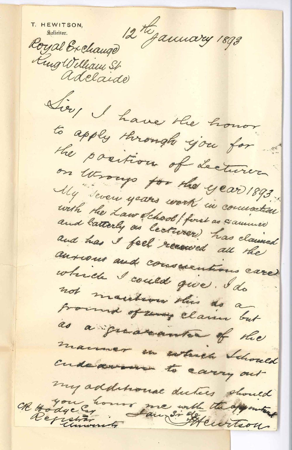 Thomas Hewitson - Royal Exchange King William Street Adelaide - Application as Lecturer in Law of Wrongs