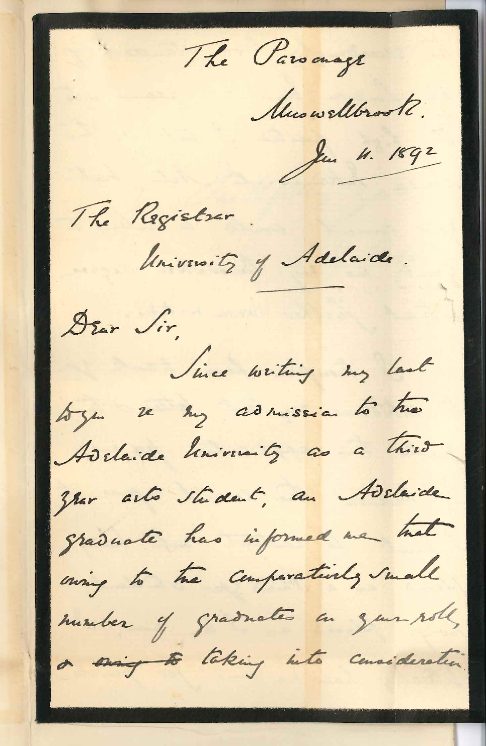 Reverend A J Rolfe - The Parsonage - Muswellbrook New South Wales - Withdraws Former Letter and Requests Degree of BA