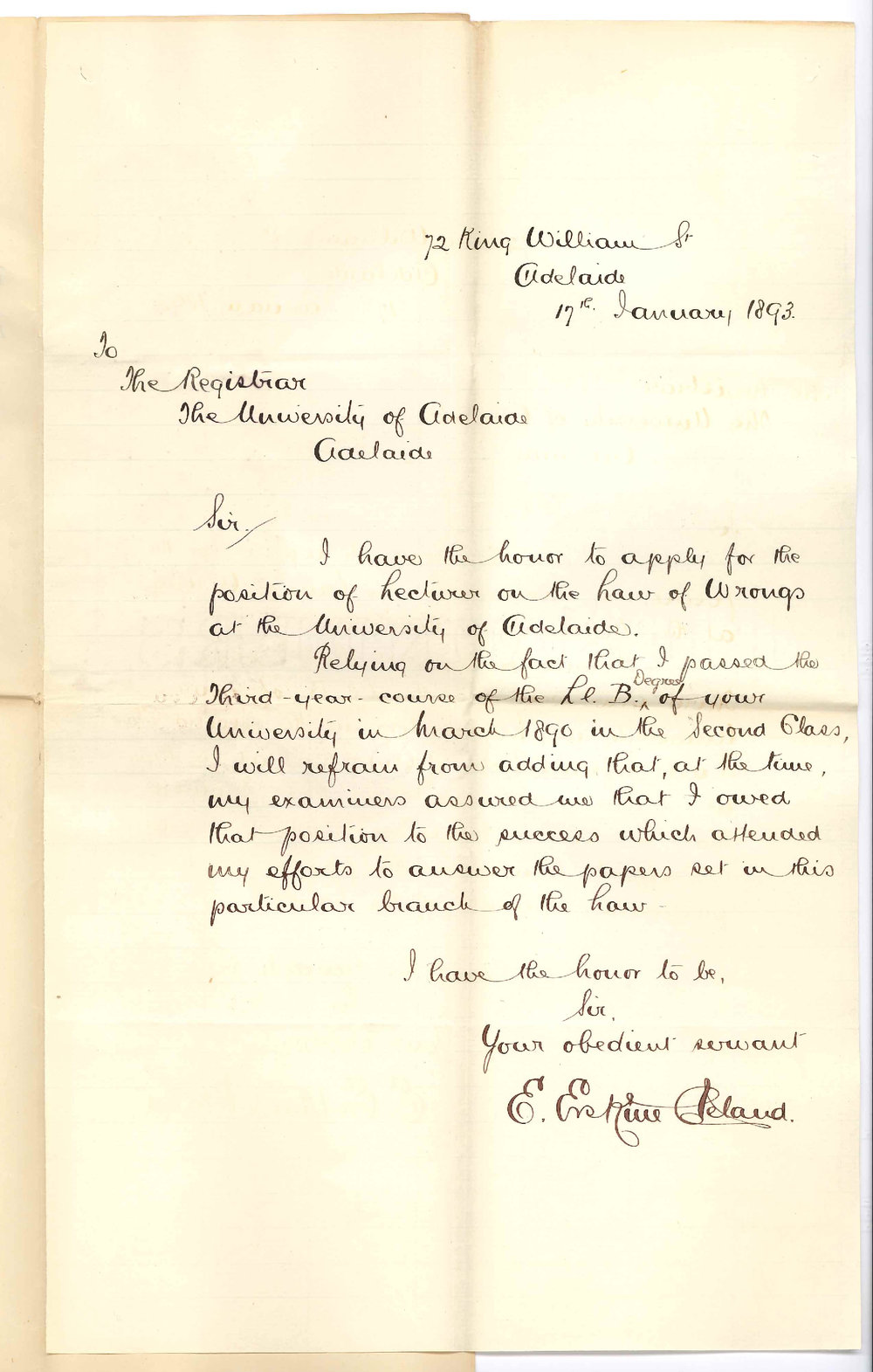 Edward Erskine Cleland - King William Street Adelaide - Application as Lecturer Law of Wrongs