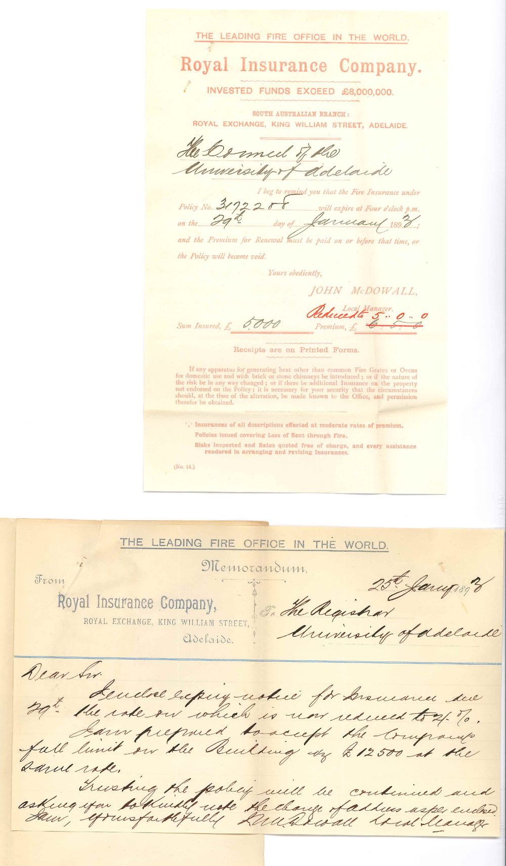 John McDowall - Local Manager - Royal Insurance Company - Requests Renewal of Policy