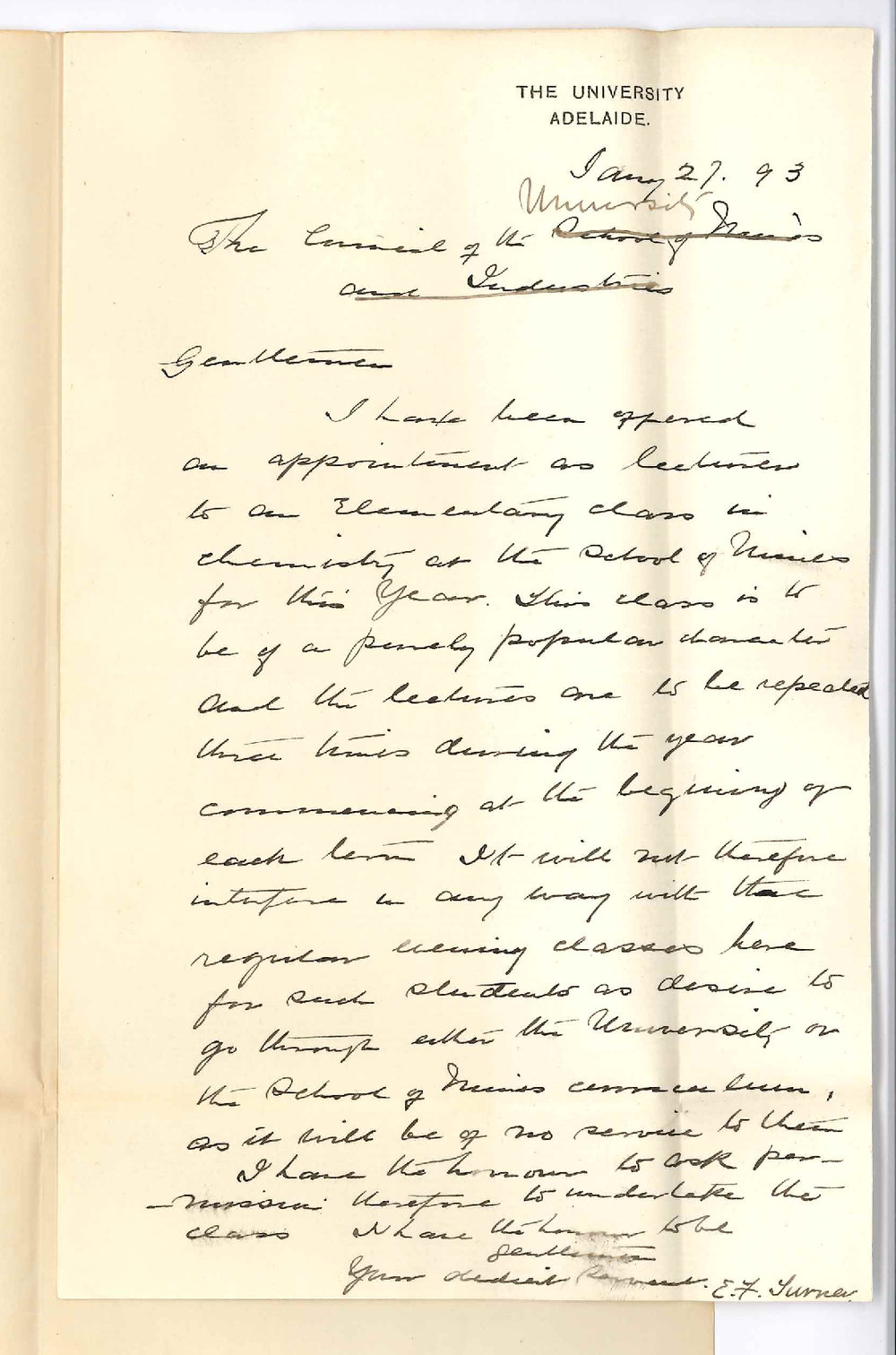 E F Turner - The University - Permission to Take Class School of Mines