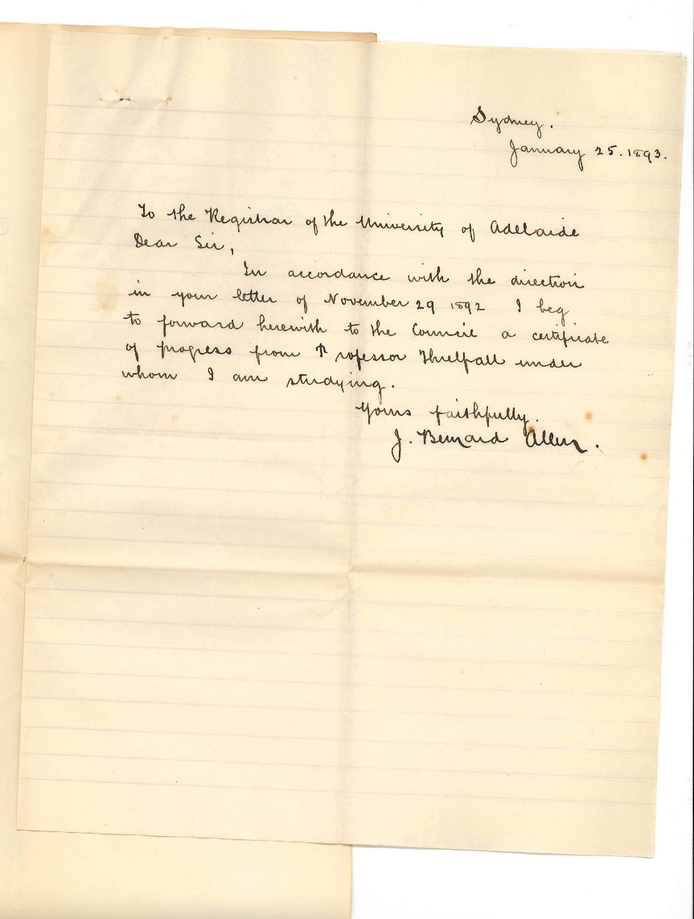 James Bernard Allen - Sydney - Forwards Certificate of Progress from Professor Threlfall
