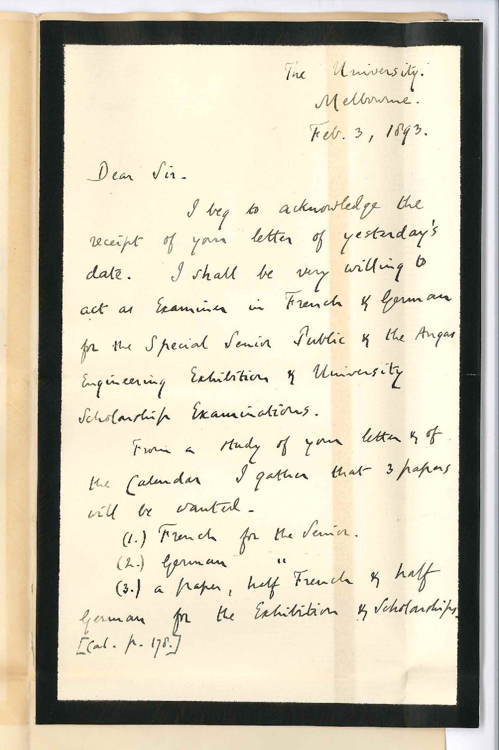Professor Edward E Morris - The University of Melbourne - Will Act as Examiner Special Senior Public etc March 1893