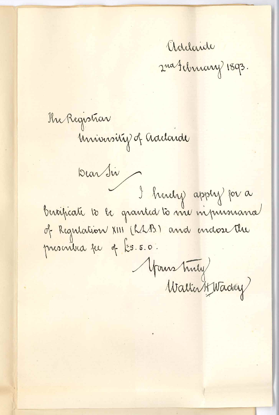 Walter Henry Wadey - Adelaide - Application for LLB Certificate