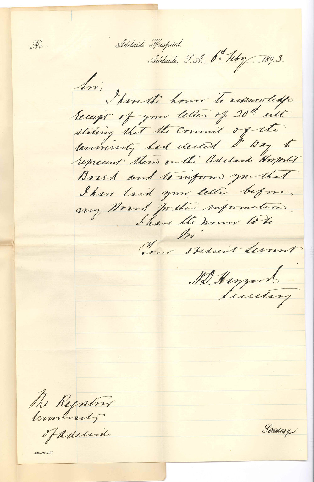 H D Haggard - Secretary - Adelaide Hospital - Election of Dr Way by Council on Hospital Board