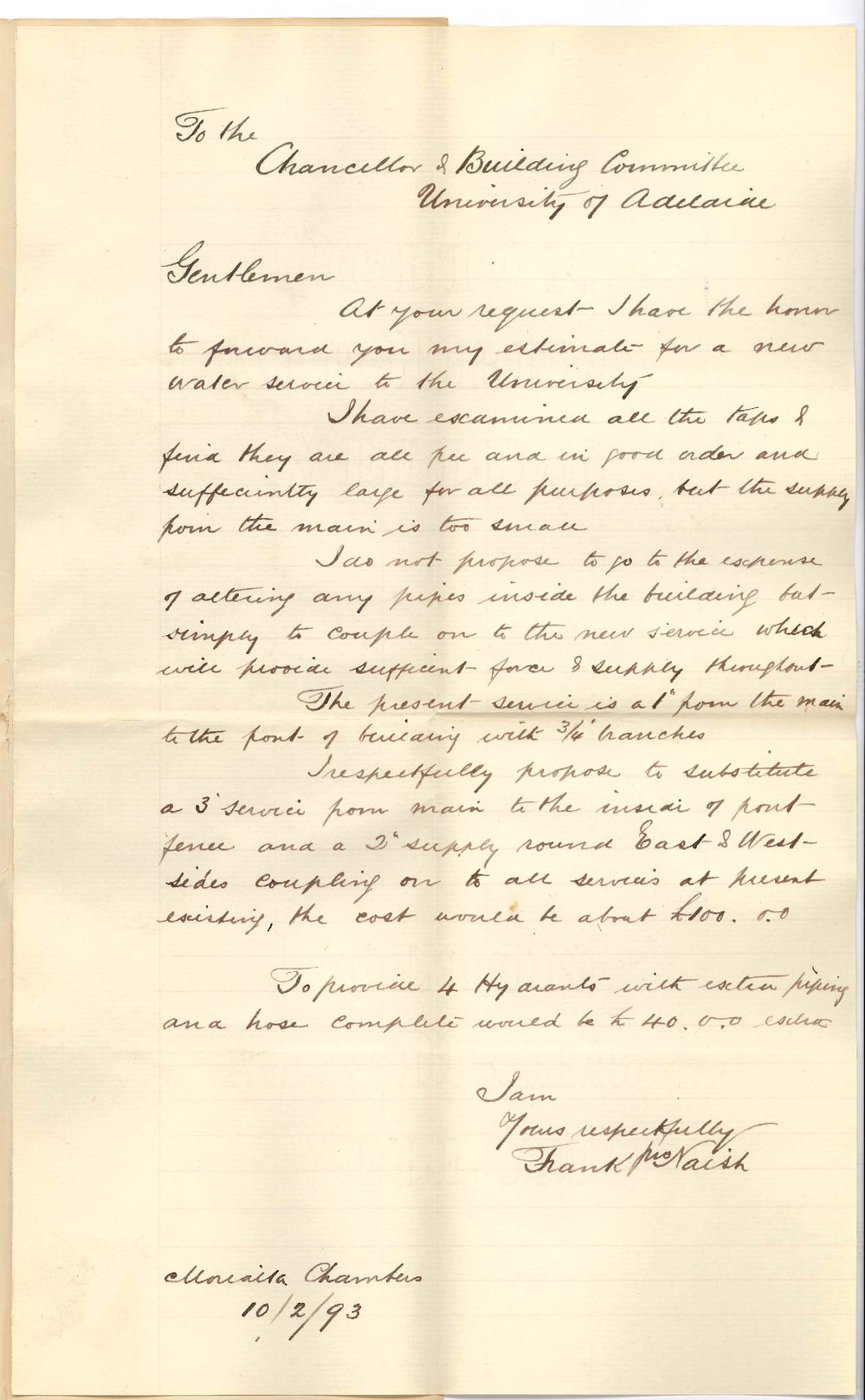 Frank John Naish - Morialta Chambers Victoria Square Adelaide - New Water Service for University and Estimate