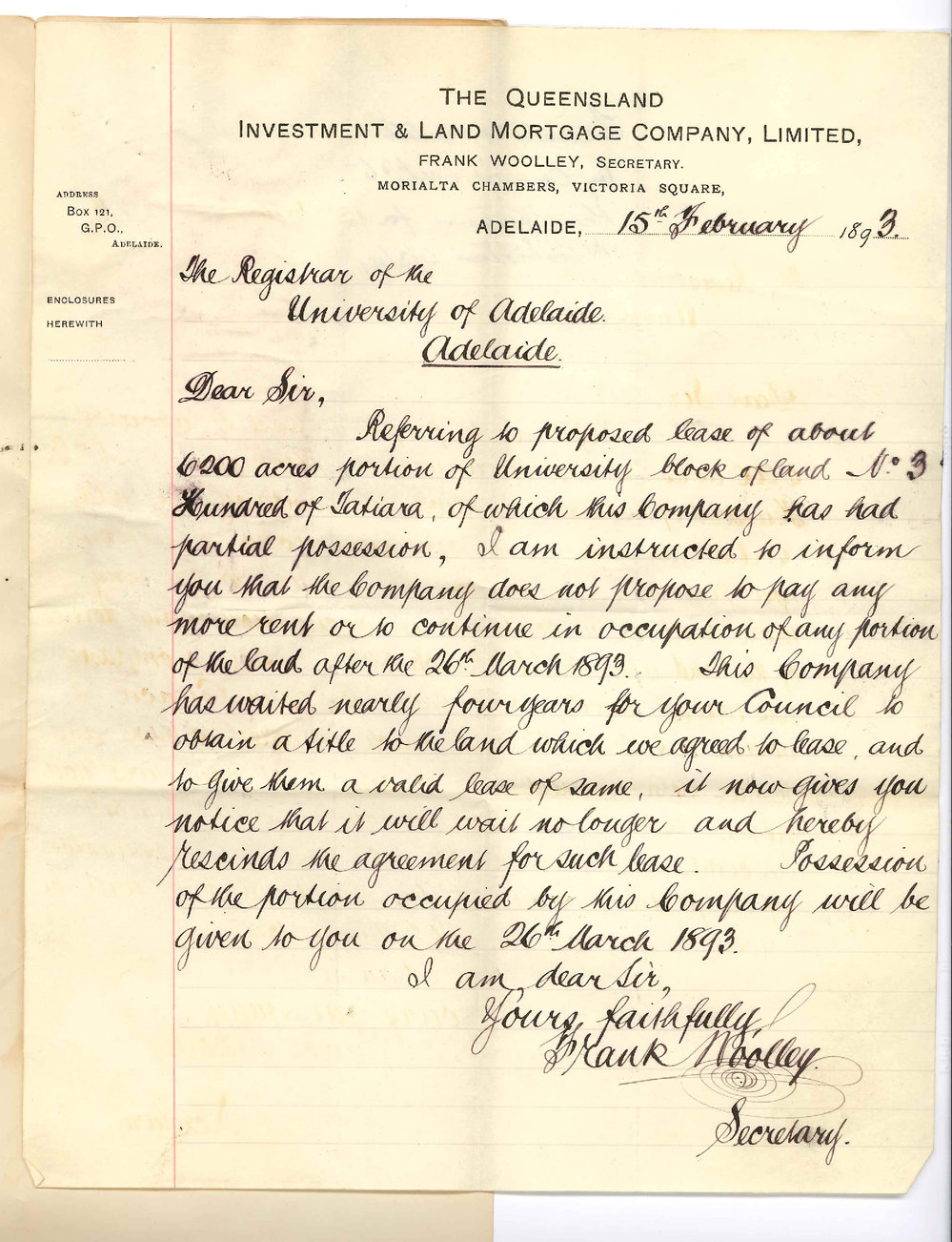 Frank Wooley - Secretary - Queensland Investment and Land Mortgage Company - Morialta Chambers Victoria Square Adelaide - Company Will Not Occupy Land at Tatiara after 26 March 1893