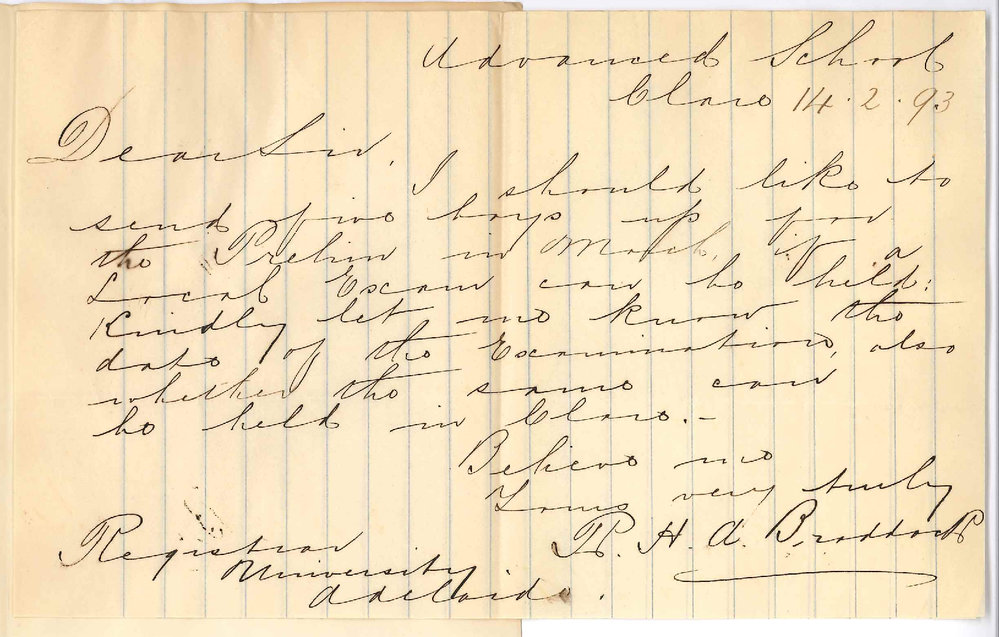 R H A Braddock - Advanced School Clare - Requests that Preliminary Examination May be Held at Clare March 1893