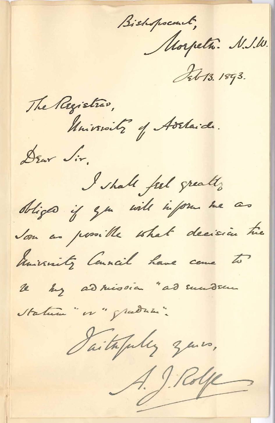Reverend A J Rolfe - Morpeth New South Wales - Wishes to Know Decision of Council Regarding Application for Admittance Ad Eundem