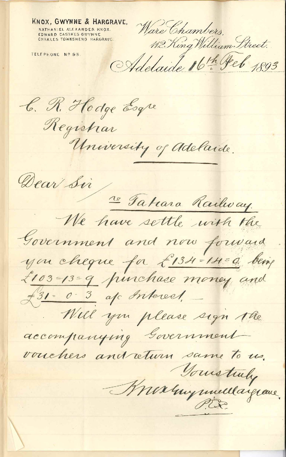 Knox Gwynne and Hargrave - King William Street Adelaide - Forwarding Purchase Money and Interest from Government for Tatiara Land