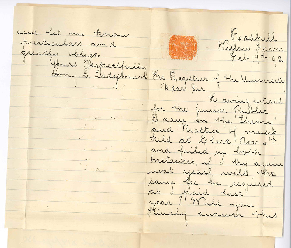 Miss Amy E Ladyman - Willow Farm - Red Hill - Failed in Music Exam Wishes to Know Whether Fee Stands to Credit