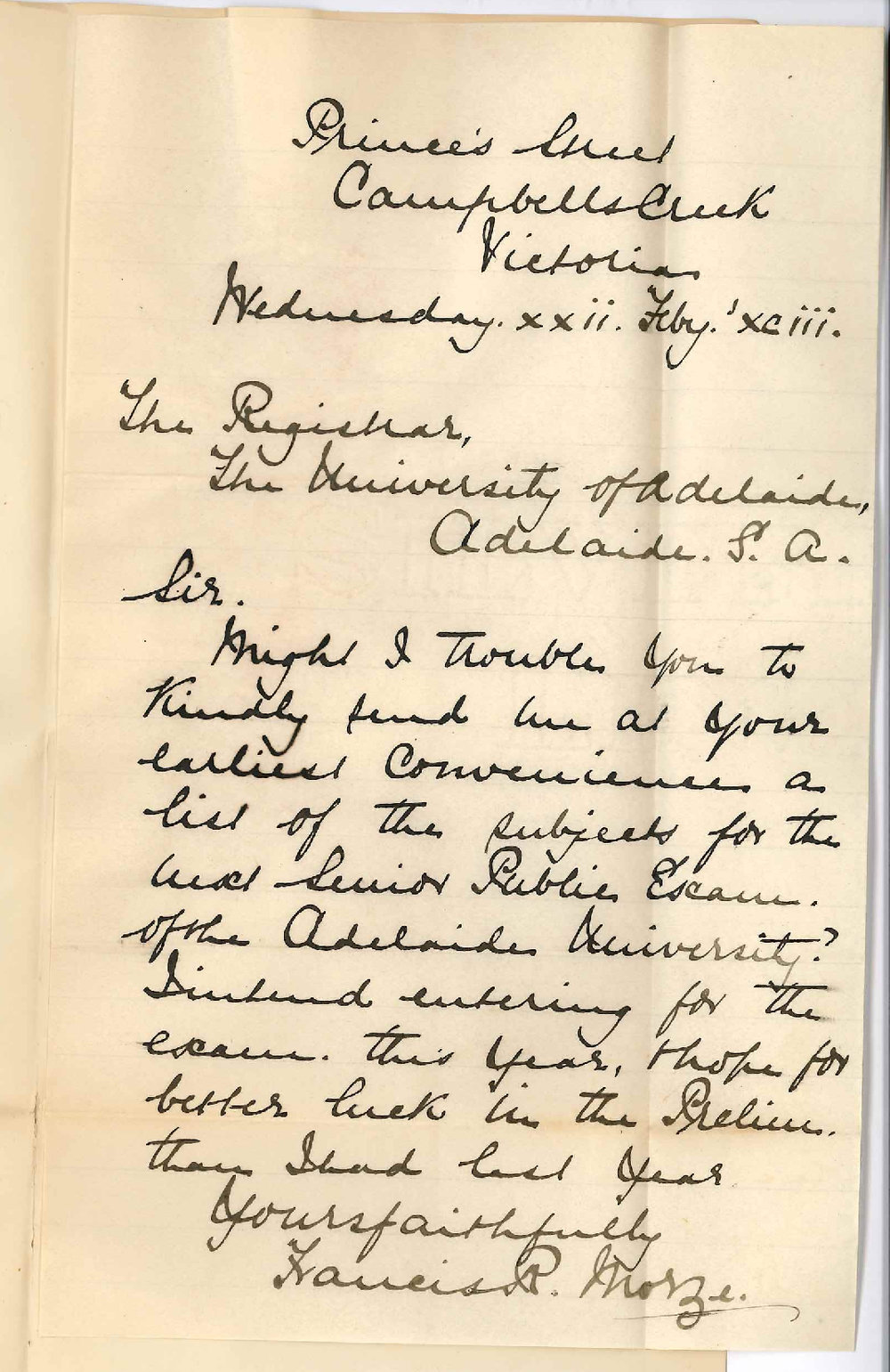 Francis R Morze - Princes Street Campbells Creek Victoria - Details of Subjects Senior Public Exam 1893