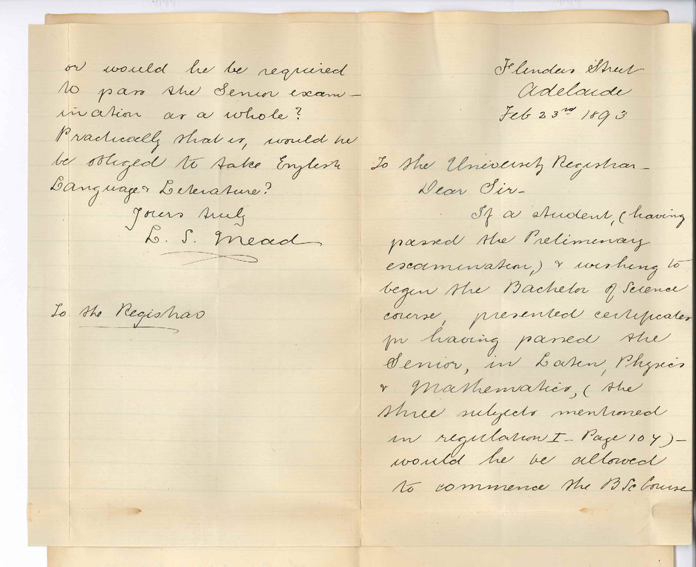 Miss L S Mead - Flinders Street Adelaide - Information Science Course