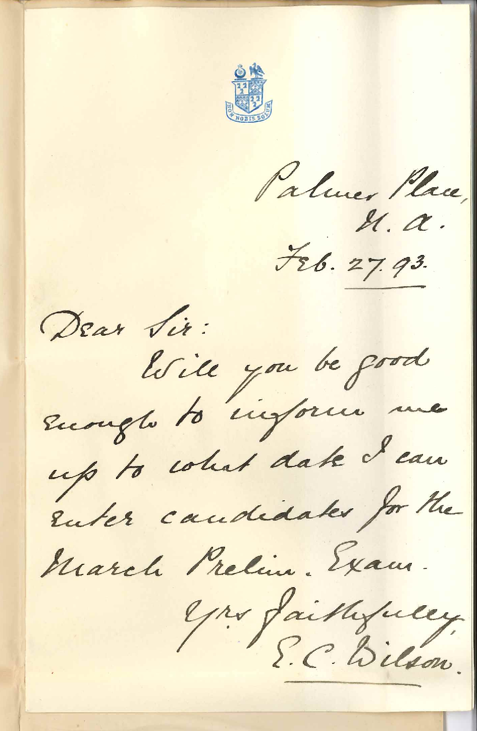 E C Wilson - Oxford House - North Adelaide - Last Day Entry Preliminary Exam March 1893