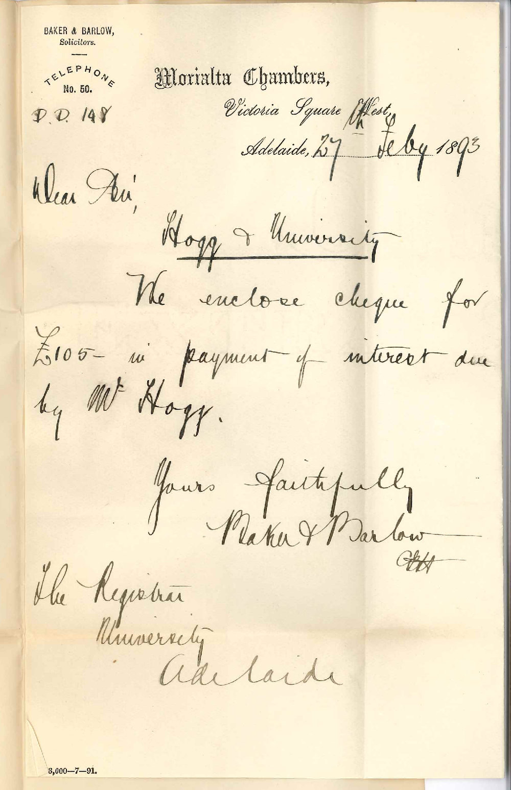 Baker and Barlow - Morialta Chambers Victoria Square Adelaide - Payment of Interest W Hogg