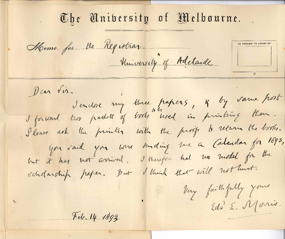 Professor Edward E Morris - The University of Melbourne - Forwarding Exam Papers etc