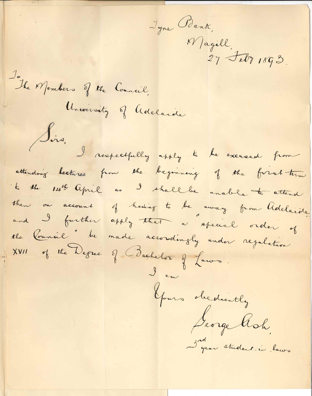 George Ash - Tyne Bank - Magill - Exemption from Attendance of Lectures