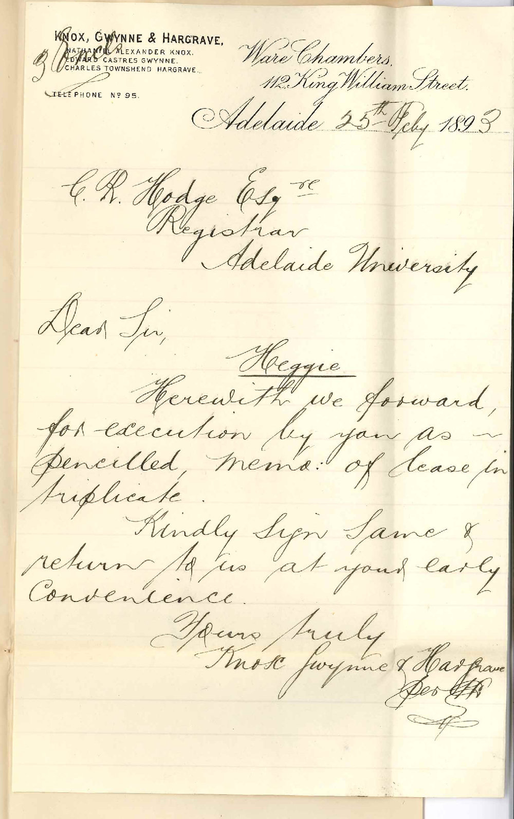 Knox Gwynne and Hargrave - King William Street Adelaide- Forwarding Heggies Lease for Signature