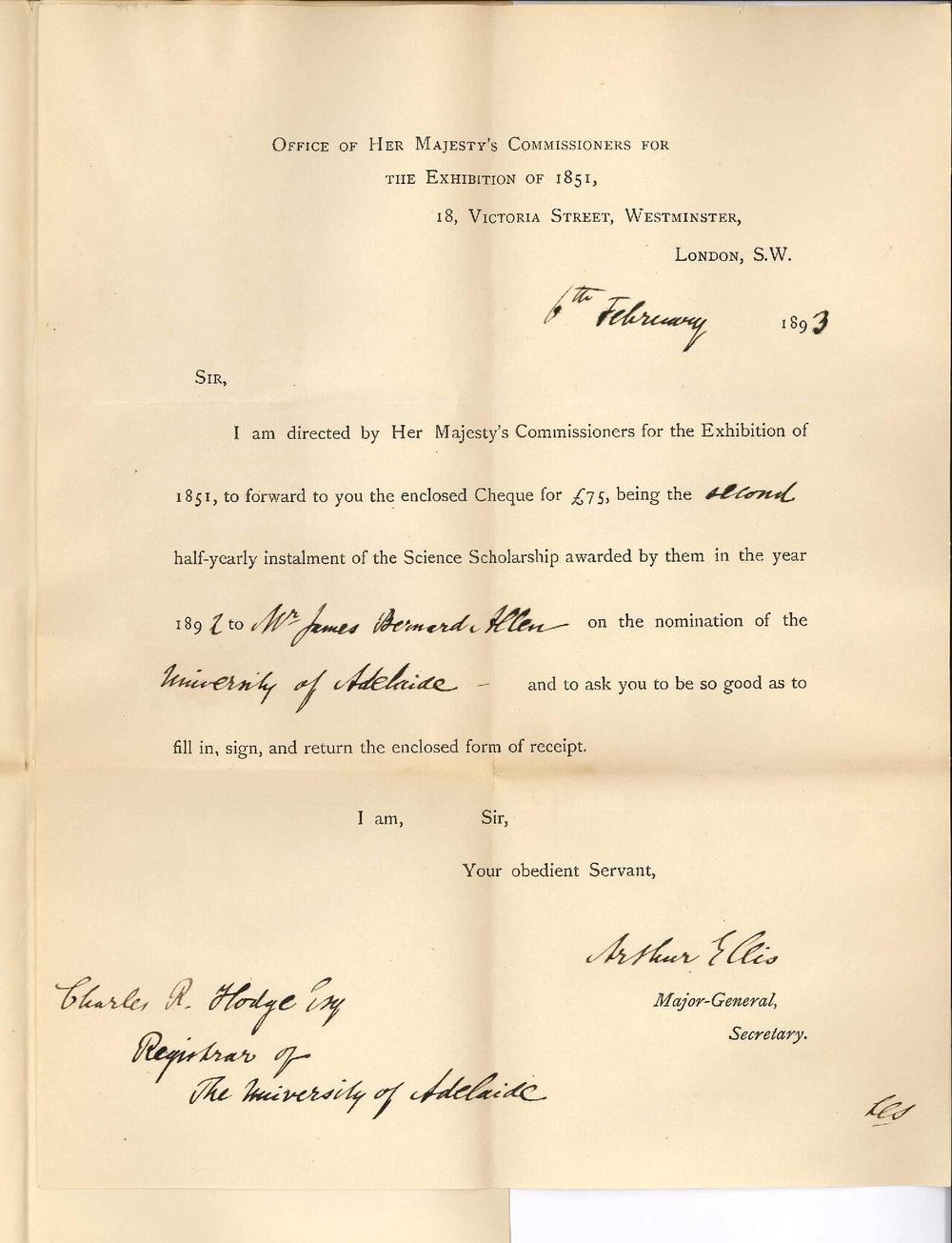Arthur Ellis - Secretary - Commissioners for the Exhibition 1851 - London England - Forwarding Draft for &pound;75 for Science Scholarship