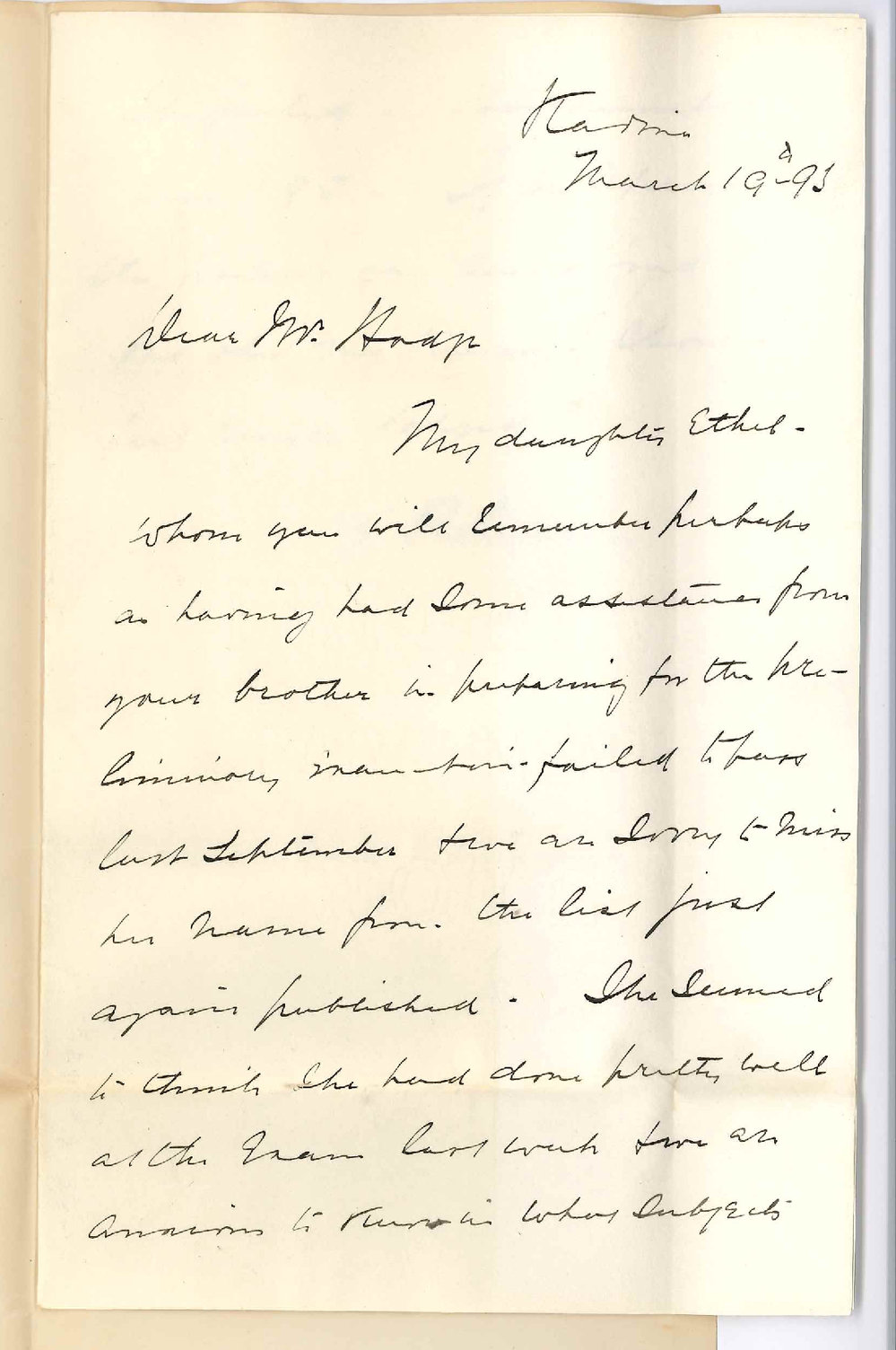 W N Robinson - Kadina - Subjects Daughter Failed at Recent Preliminary Examination