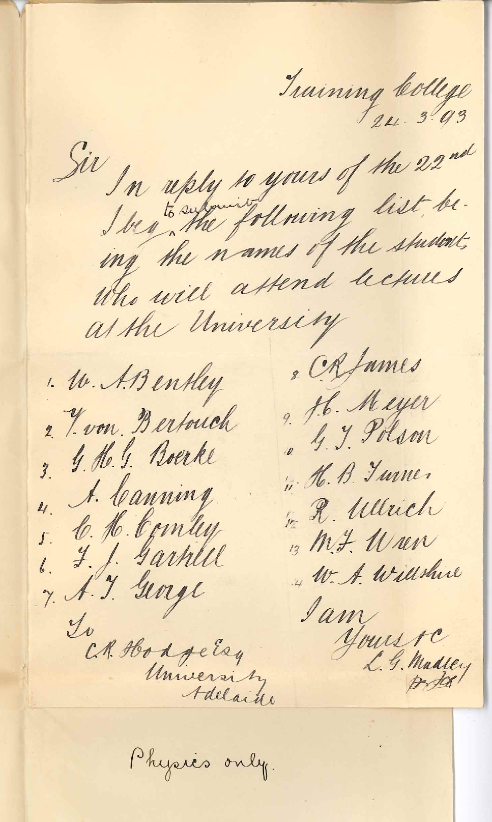 Lewis George Madley - Training College - Grote Street Adelaide - List of Names of Students Attending University Evening Classes from Training College