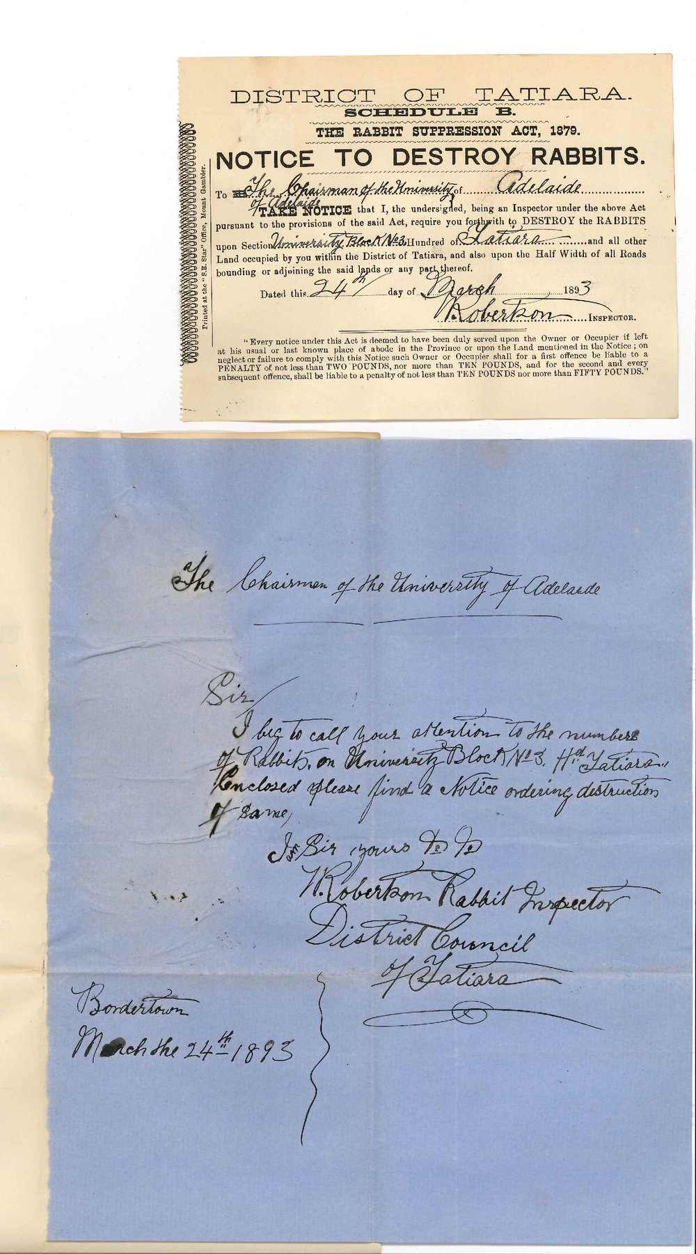 W Robertson - Rabbit Inspector - Bordertown - Notice to Clear Tatiara Land of Rabbits