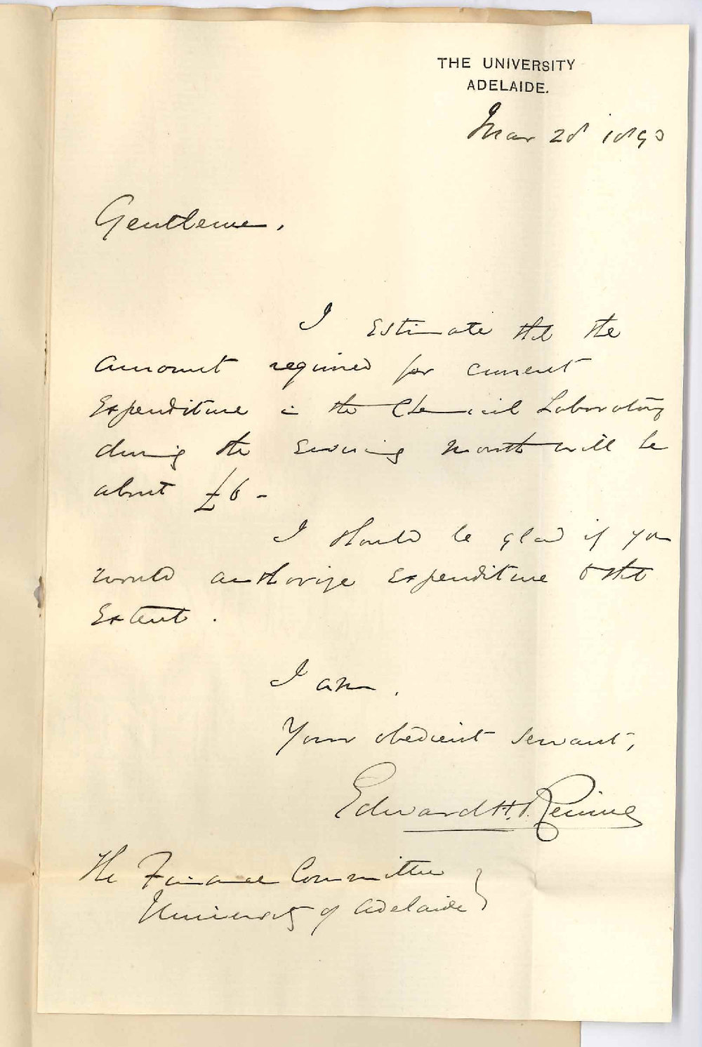 Professor Edward Henry Rennie - The University - Estimate of Expenditure for April 1893